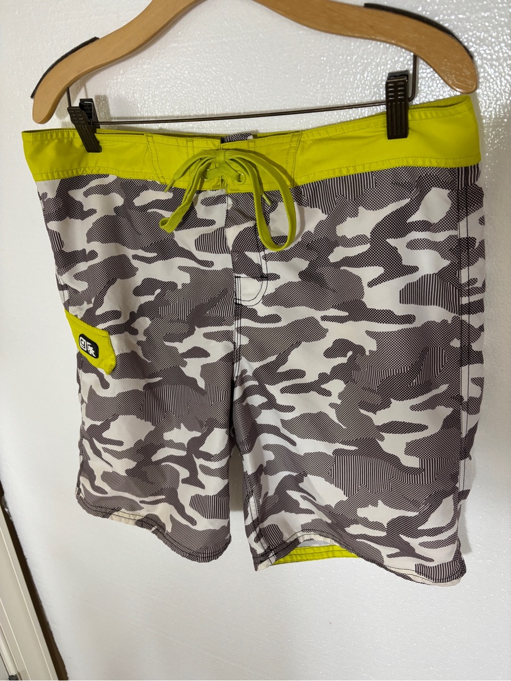Camo Board Shorts with Neon Lime Waist
